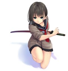 Rule 34 | 1girl, absurdres, black hair, blue eyes, cardigan, fighting stance, highres, katana, looking at viewer, meso-meso, on one knee, original, ready to draw, school uniform, serafuku, sheath, sheathed, skirt, solo, sword, weapon, white background