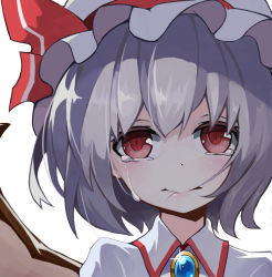 Rule 34 | 1girl, biting own lip, brooch, closed mouth, collared shirt, commentary request, crying, glint, grey hair, hair in own mouth, hat, highres, jewelry, leidami, looking at viewer, mob cap, mouth hold, portrait, red eyes, remilia scarlet, shirt, short hair, simple background, slit pupils, solo, touhou, white background, white hat, white shirt, wings
