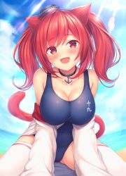Rule 34 | 1girl, :d, animal ears, azur lane, bad id, bad pixiv id, bare shoulders, beach, breasts, cat ears, cat tail, choker, cleavage, commentary request, covered navel, day, fang, highres, horizon, i-19 (azur lane), large breasts, lens flare, light rays, looking at viewer, mutsuba fumi, off shoulder, one-piece swimsuit, open mouth, red eyes, red hair, school swimsuit, skindentation, sleeves past fingers, sleeves past wrists, smile, solo, swimsuit, tail, thighhighs, twintails, white thighhighs