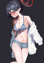 Rule 34 | 1girl, absurdres, ayane (blue archive), ayane (swimsuit) (blue archive), bikini, black hair, blue archive, blue shorts, blush, breasts, cleavage, collarbone, feet out of frame, glasses, halo, highres, jacket, large breasts, mochini, navel, official alternate costume, open clothes, open jacket, parted lips, pointy ears, red-framed eyewear, red halo, short hair, short shorts, shorts, sleeves past fingers, sleeves past wrists, solo, striped bikini, striped clothes, swimsuit, white jacket, yellow eyes