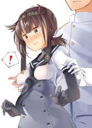 Rule 34 | !, 10s, 1boy, 1girl, admiral (kancolle), anchor symbol, antenna hair, arm grab, black gloves, blunt bangs, blush, grabbing another&#039;s breast, brown eyes, brown hair, byte (allbyte), corset, elbow gloves, expressionless, gloves, grabbing, grabbing from behind, groping, hair flaps, hairband, hatsuzuki (kancolle), head out of frame, hetero, highres, kantai collection, long sleeves, military, military uniform, naval uniform, sailor collar, shirt, short hair, simple background, speech bubble, spoken exclamation mark, surprised, sweatdrop, underbust, uniform, upper body, white background, white gloves, white shirt