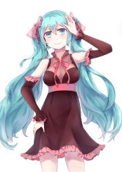 Rule 34 | 1girl, absurdres, aqua eyes, aqua hair, arm up, bad id, bad pixiv id, cowboy shot, detached sleeves, dress, hand on own hip, hatsune miku, highres, long hair, mao wan, simple background, smile, solo, twintails, very long hair, vocaloid, white background