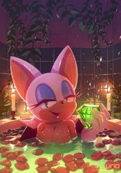 Rule 34 | 1girl, artist name, bath, bathroom, candle, chaos emerald, furry, furry female, gem, green gemstone, highres, holding, holding gem, indoors, looking at viewer, nude, open mouth, partially submerged, petals, petals on liquid, plant, red petals, rene2008, rose petals, rouge the bat, solo, sonic (series), twitter username, vines, water, watermark, web address