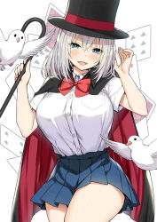 Rule 34 | 1girl, bird, blue skirt, blush, bow, bowtie, breasts, cane, cape, card, collared shirt, dove, fang, green eyes, grey hair, hair between eyes, hat, highres, large breasts, looking at viewer, open mouth, playing card, pleated skirt, red bow, red bowtie, school uniform, shirt, short hair, short sleeves, simple background, skirt, sky-freedom, smile, solo, tejina senpai, tejina senpai (series), thighs, top hat, white background, white shirt