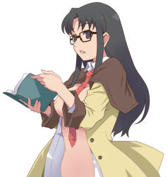 Rule 34 | 00s, 1girl, black eyes, black hair, book, breasts, glasses, long hair, maruto!, necktie, nipples, open book, open clothes, open shirt, out-of-frame censoring, parted lips, read or die, red necktie, shirt, solo, yomiko readman