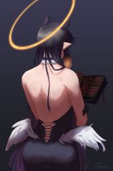 Rule 34 | 1girl, ass, back, back focus, backless dress, backless outfit, bare shoulders, black dress, black hair, book, choker, dhominic25, dress, facing away, from behind, fur-trimmed choker, fur choker, fur trim, gloves, gradient background, halo, hand on own arm, highres, holding, holding book, hololive, hololive english, long hair, multicolored hair, ninomae ina&#039;nis, open book, orange hair, pointy ears, reading, sidelocks, solo, strapless, strapless dress, taut clothes, taut dress, upper body, virtual youtuber, white wings, wings