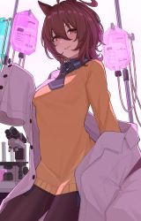 Rule 34 | 1girl, :d, agnes tachyon (umamusume), ahoge, animal ears, black pantyhose, blue necktie, breasts, brown hair, buttons, erlenmeyer flask, flask, hair between eyes, highres, horse ears, horse girl, intravenous drip, lab coat, long sleeves, looking at viewer, medium breasts, microscope, nagaburo imoni, necktie, open mouth, orange eyes, pantyhose, parted lips, short hair, simple background, sleeves past wrists, smile, solo, sweater, umamusume, white background, yellow sweater