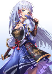 Rule 34 | 1girl, alternate hairstyle, armor, armored dress, ayaka (genshin impact), blunt bangs, bow, breasts, cleavage, collarbone, commentary request, covered mouth, covering own mouth, dual wielding, eyeshadow, folding fan, genshin impact, gradient background, grey eyes, hair bow, hair down, hair ribbon, hand fan, holding, holding sword, holding weapon, jewelry, katana, long hair, looking at viewer, lunacle, makeup, mole, mole under eye, necklace, ribbon, sidelocks, silver hair, solo, sword, weapon