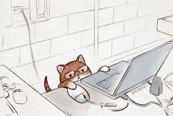 Rule 34 | animal focus, artist name, bespectacled, brown cat, cat, closed mouth, commentary, computer, electrical outlet, english commentary, glasses, indoors, laptop, mouse (computer), nana nakano, no humans, original