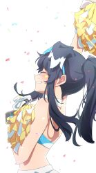Rule 34 | 1girl, animal ears, arm up, bare arms, bare shoulders, black hair, blue archive, blush, cheering, cheerleader, closed eyes, confetti, crop top, dog ears, dog girl, eyewear on head, from side, halo, hibiki (blue archive), hibiki (cheer squad) (blue archive), highres, holding, long hair, millennium cheerleader outfit (blue archive), official alternate costume, parted lips, pino suke, pom pom (cheerleading), simple background, sleeveless, solo