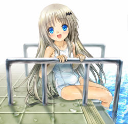 Rule 34 | 1girl, :d, bat hair ornament, blue eyes, fangs, flat chest, hair ornament, highres, key (company), little busters!, long hair, mutsuki (moonknives), noumi kudryavka, one-piece swimsuit, open mouth, pool, pool ladder, poolside, school swimsuit, silver hair, sitting, smile, soaking feet, solo, swimsuit, very long hair, water, white school swimsuit, white one-piece swimsuit
