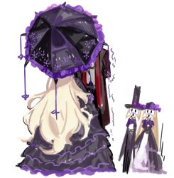 2boys 2girls black_dress black_hat black_umbrella bloodfiend_of_the_happy_parade_(project_moon) bloodfiend_of_the_joyful_parade_(project_moon) cassetti_(project_moon) coat dress dulcinea_(project_moon) frilled_umbrella frills full_body hat holding holding_umbrella implied_kiss limbus_company long_hair mask multiple_boys multiple_girls nishikujic open_mouth parasol project_moon red_coat simple_background surprised top_hat trembling umbrella very_long_hair white_background white_hair