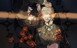 Rule 34 | 00s, 2boys, arm at side, ascot, black ribbon, blonde hair, camellia, closed eyes, collared shirt, death, elliot nightray, flower, frilled sleeves, frills, hand on own stomach, hands on another&#039;s head, leo (pandora hearts), long sleeves, looking at another, lying, magic circle, male focus, messy hair, multiple boys, neck ribbon, on back, on floor, on side, pandora hearts, parted lips, petals, red flower, ribbon, sail mio, shade, shirt, tears, upper body, upside-down, white shirt, yellow eyes