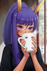 Rule 34 | 1girl, absurdres, alternate costume, alternate hairstyle, animal ears, black shirt, blush, commentary request, cup, dark-skinned female, dark skin, drinking, earrings, facial mark, fate/grand order, fate (series), highres, holding, holding cup, hoop earrings, indoors, jackal ears, jewelry, long hair, looking at viewer, medjed (fate), mug, nitocris (fate), particle sfs, ponytail, purple eyes, purple hair, shirt, short sleeves, window