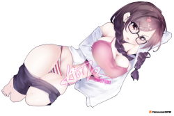 Rule 34 | 1girl, bespectacled, black shorts, blush, braid, breasts, brown eyes, brown hair, cleavage, commentary, english commentary, full body, glasses, hair ornament, hairclip, hot vr, jacket, kanojo okarishimasu, large breasts, lips, long hair, mizuhara chizuru, navel, panties, shorts, simple background, solo, striped clothes, striped panties, tank top, thighs, twin braids, twitter username, underwear, v-shaped eyebrows, white background, white jacket