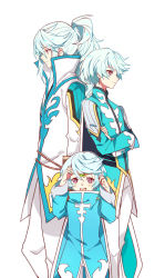 Rule 34 | 10s, 1boy, age comparison, bishounen, blush, cape, circlet, coat, highres, long hair, male focus, mikleo (tales), official alternate costume, ponytail, purple eyes, short hair, tales of (series), tales of zestiria, white hair, yanzhan