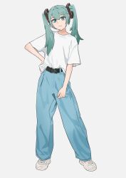 Rule 34 | 1girl, absurdres, baggy pants, belt, blue eyes, blue hair, denim, full body, hair ornament, hand on own hip, hatsune miku, highres, iiasun, jeans, long hair, looking at viewer, nail polish, pants, shirt, shirt partially tucked in, shoes, short sleeves, smile, sneakers, solo, t-shirt, twintails, vocaloid