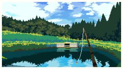 Rule 34 | animated, animated gif, border, day, falling leaves, fishing, fishing line, fishing rod, forest, grass, lake, landscape, leaf, nature, original, outdoors, pixel art, reflection, shadow, sky, sotie, tree, white border, wind