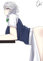Rule 34 | 1girl, against table, apron, artist name, bent over, blue eyes, blue vest, bow, braid, breasts, closed mouth, commentary, english commentary, expressionless, from side, green bow, grey hair, hair bow, highres, izayoi sakuya, large breasts, light blush, medium hair, narrowed eyes, no pants, omikami, profile, shirt, short sleeves, solo, spanked, table, touhou, twin braids, vest, white apron, white background, white shirt