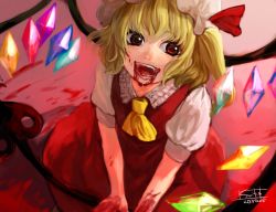 Rule 34 | 1girl, ascot, bad id, bad pixiv id, blonde hair, blood, blood in mouth, blood on face, crystal, dated, fangs, flandre scarlet, gradient background, hat, hat ribbon, itirirenn, laevatein, looking at viewer, mob cap, puffy sleeves, red background, red eyes, ribbon, shirt, short hair, short sleeves, side ponytail, signature, skirt, skirt set, smile, solo, touhou, vest, wings