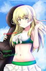 Rule 34 | 1girl, bikini, bikini skirt, blonde hair, blue sky, bow, bow bikini, breasts, carpaccio (girls und panzer), closed mouth, cloud, cloudy sky, cowboy shot, day, english text, girls und panzer, green eyes, happy birthday, highres, holding, inflatable toy, long hair, looking at viewer, medium breasts, navel, outdoors, redbaron, sky, smile, solo, standing, swimsuit, twitter username, white bikini, wind