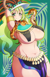 Rule 34 | 1girl, alternate costume, arm up, armlet, aztec, blonde hair, breasts, closed mouth, curvy, dragon horns, gradient hair, green eyes, green hair, grey eyes, hat, heterochromia, highres, horns, huge breasts, kobayashi-san chi no maidragon, loincloth, long hair, looking at viewer, lucoa (maidragon), multicolored hair, navel, redrabbu, smile, snake, solo, thick thighs, thighs, underboob, unusual pupils, wide hips, yellow eyes