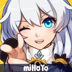 Rule 34 | 1girl, ;d, bang (gesture), blue eyes, chabatake, company name, finger gun, hair between eyes, highres, honkai (series), honkai impact 3rd, index finger raised, long hair, looking at viewer, nun, one eye closed, open mouth, parody, portrait, side ponytail, smile, solo, teeth, theresa apocalypse, theresa apocalypse (valkyrie pledge), white hair, yellow background