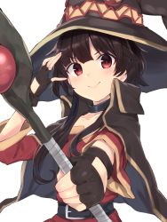 Rule 34 | 1girl, belt, black belt, black choker, black gloves, blunt bangs, brown cape, brown hair, brown hat, cape, choker, closed mouth, commentary request, dress, fingerless gloves, gloves, hand to head, hand up, hat, highres, holding, holding staff, kono subarashii sekai ni shukufuku wo!, light blush, long sleeves, looking at viewer, megumin, off-shoulder dress, off shoulder, outstretched arm, reaching, reaching towards viewer, red dress, red eyes, short hair, short hair with long locks, sidelocks, simple background, smile, solo, staff, sutora binsuke, upper body, white background, witch hat