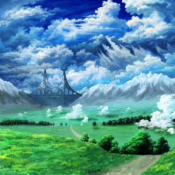 Rule 34 | cloud, day, gate, grass, landscape, mountain, no humans, pixiv fantasia, pixiv fantasia 4, scenery, shimasa (musa4), sky, tree