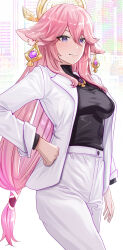 Rule 34 | 1girl, alternate costume, animal ears, black shirt, breasts, commentary, cowboy shot, fox ears, genshin impact, hand on own hip, highres, jacket, large breasts, long hair, low-tied long hair, open clothes, open jacket, pants, pink hair, purple eyes, shirt, smile, solo, standing, thighs, turtleneck, uenoryoma, very long hair, white jacket, white pants, yae miko