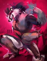 Rule 34 | 2019, claws, creature, creatures (company), full body, game freak, gen 8 pokemon, nintendo, no humans, obstagoon, pink background, pink eyes, pokemon, pokemon (creature), sharp teeth, signature, siplick, solo, teeth, tongue, tongue out