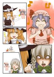 Rule 34 | &gt; &lt;, 3girls, :3, abuse, bad id, bad pixiv id, bat wings, beamed quavers, blonde hair, blood, bloomers, blush, blush stickers, bow, braid, candy, chibi, closed eyes, comic, crazy eyes, female focus, female pervert, food, hat, indirect kiss, izayoi sakuya, kirisame marisa, knife, knifed, lollipop, maid, maid headdress, multiple girls, musical note, nosebleed, pervert, pinky out, quaver, red eyes, remilia scarlet, saliva, short hair, silent comic, silver hair, smile, swirl lollipop, tears, throwing knife, touhou, twin braids, underwear, weapon, wings, witch, witch hat, yellow eyes, you gonna get raped, yuri, zetsumame