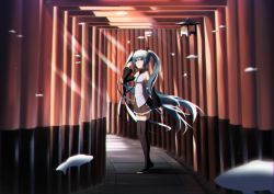 Rule 34 | 1girl, absurdres, aqua eyes, aqua hair, aqua necktie, bad id, bad pixiv id, bare shoulders, black skirt, black sleeves, commentary, detached sleeves, full body, fushimi inari taisha, grey shirt, hair ornament, hand up, hatsune miku, highres, lamp, long hair, looking at viewer, miniskirt, multiple torii, necktie, pleated skirt, shirt, skirt, sleeveless, sleeveless shirt, smile, snow, solo, standing, sunlight, thighhighs, torii, twintails, very long hair, vocaloid, vocaloid 831, wide shot