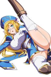 Rule 34 | 1girl, ass, blonde hair, blue dress, blue eyes, blush, boots, bow, bowtie, breasts, dress, garter straps, gloves, hat, juliet sleeves, knee boots, large breasts, leg up, long hair, long sleeves, looking at viewer, lying, melpha, melpha (queen&#039;s blade unlimited), neck ribbon, nun, official art, open mouth, panties, puffy sleeves, purple ribbon, queen&#039;s blade, queen&#039;s blade unlimited, queen&#039;s blade white triangle, ribbon, rimless eyewear, sidelocks, solo, split, taut clothes, thighhighs, underwear, white background, white gloves, white panties, white thighhighs