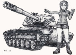 Rule 34 | 1girl, ballpoint pen (medium), boots, clenched hand, commentary request, emblem, extra, gesture, girls und panzer, gloves, greyscale, helmet, helmet-chan (girls und panzer), highres, jacket, long sleeves, looking at viewer, military, military uniform, military vehicle, monochrome, motor vehicle, nspa (spa-jcs), open mouth, partial commentary, saunders military uniform, short hair, short shorts, shorts, smile, solo, standing, star (symbol), t54 (american), t54e1, tank, tank helmet, traditional media, twitter username, uniform