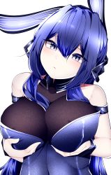 Rule 34 | 1girl, absurdres, animal ears, arm strap, azur lane, bare shoulders, bodystocking, breast lift, breasts, cleavage, fake animal ears, hair between eyes, highres, huge filesize, large breasts, leotard, looking at viewer, new jersey (azur lane), new jersey (exhilarating steps!) (azur lane), official alternate costume, playboy bunny, purple eyes, purple hair, purple leotard, rabbit ears, samip, see-through, see-through cleavage, simple background, skin tight, strapless, strapless leotard, upper body, white background, wrist cuffs
