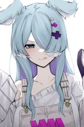 Rule 34 | 1girl, absurdres, blue eyes, blue hair, blush, collarbone, daiishori, elira pendora, elira pendora (1st costume), gloves, grey gloves, grey overalls, hair over one eye, head wings, highres, licking lips, looking at viewer, mole, nijisanji, nijisanji en, off shoulder, overalls, single glove, sleeves past fingers, sleeves past wrists, smile, smug, solo, sweater, tongue, tongue out, virtual youtuber, white sweater, wings