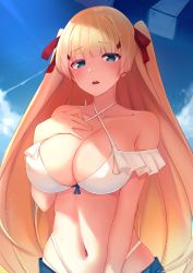Rule 34 | 1girl, absurdres, alternate costume, azur lane, bare shoulders, beach umbrella, bikini, blonde hair, blue eyes, blue shorts, blue sky, blush, breasts, cleavage, cloud, cloudy sky, collarbone, commentary request, criss-cross halter, day, frilled bikini, frills, hair between eyes, hair ribbon, halterneck, hand on own chest, highleg, highleg bikini, highres, large breasts, long hair, looking at viewer, navel, open mouth, oshino rinn, outdoors, parted lips, red ribbon, ribbon, shorts, sky, solo, stomach, sunlight, sussex (azur lane), sussex (sunlit tulip) (azur lane), sussex (sunlit tulips) (azur lane), sweat, swimsuit, teeth, two side up, umbrella, upper body, upper teeth only, very long hair, white bikini