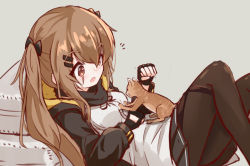 Rule 34 | 1girl, animal, animal on stomach, black bow, black gloves, black jacket, black skirt, blush, bow, breasts, brown eyes, brown hair, brown pantyhose, cat, dress shirt, fingerless gloves, girls&#039; frontline, gloves, hair between eyes, hair bow, hair ornament, hairclip, hood, hood down, hooded jacket, jacket, looking at animal, looking away, lying, matsuo (matuonoie), on back, open clothes, open jacket, open mouth, pantyhose, pleated skirt, scar, scar across eye, scar on face, shirt, skirt, small breasts, solo, twintails, ump9 (girls&#039; frontline), white shirt