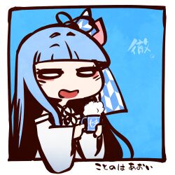 Rule 34 | 1girl, blue background, blue hair, blunt bangs, border, character name, chibi, commentary request, cup, detached sleeves, dress, froth, hair ribbon, highres, holding, holding cup, kotonoha aoi, kuron (uhhr2odhrppc5nw), mug, open mouth, outside border, ribbon, simple background, sleeveless, sleeveless dress, smile, solo, translation request, upper body, voiceroid, white border, white dress, white sleeves, wide oval eyes
