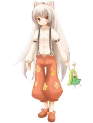 Rule 34 | 1girl, bow, buckle, character doll, doll, ex-keine, female focus, fujiwara no mokou, full body, hair bow, holding, kamishirasawa keine, kokotetsu, long hair, looking at viewer, no socks, ofuda, pants, shoes, simple background, slippers, solo, standing, suspenders, touhou, very long hair, white background
