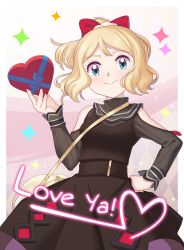Rule 34 | 1girl, arm cutout, bag, belt, blonde hair, blue eyes, blush, brown belt, closed mouth, commentary, creatures (company), dress, english commentary, eyelashes, from below, game freak, gazing eye, gift, hair ornament, hand on own hip, hand up, heart, highres, holding, long sleeves, nintendo, official alternate costume, pokemon, pokemon (anime), pokemon masters ex, pokemon xy (anime), serena (palentine&#039;s 2021) (pokemon), serena (pokemon), short hair, shoulder bag, smile, solo, sparkle, valentine, yellow bag