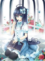 Rule 34 | 1girl, ahoge, argyle, argyle clothes, argyle legwear, black hair, black pantyhose, blue eyes, book, bow, bug, butterfly, checkered floor, floor, flower, gyaza, hair bow, holding, insect, kneeling, long hair, looking at viewer, open book, original, pantyhose, pen, solo