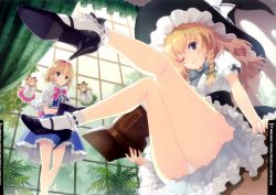 Rule 34 | 2girls, absurdres, alice margatroid, an2a, arm support, ass, bare legs, blonde hair, blue eyes, bobby socks, book, bow, braid, capelet, curtains, day, doll, dress, hat, high heels, highres, kirisame marisa, knees together feet apart, legs, legs up, long hair, looking at viewer, mary janes, multiple girls, o o, one eye closed, open book, panties, pantyshot, scan, shanghai doll, shoes, short hair, sitting, smile, socks, touhou, underwear, white panties, window, witch hat