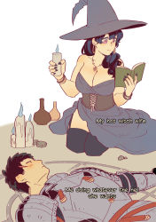 Rule 34 | 1boy, 1girl, absurdres, armor, bad id, bad twitter id, black hair, blue dress, blue hair, blush, book, bracelet, breastplate, breasts, candle, cleavage, dress, earrings, english text, flask, garter straps, hair over shoulder, hat, highres, holding, holding candle, hoop earrings, jewelry, kneeling, knight, large breasts, long hair, looking at another, lying, meme, nail polish, necklace, on back, original, purple eyes, reading, short hair, shoulder armor, sihanjir, sitting, smile, spell, thighhighs, witch, witch hat