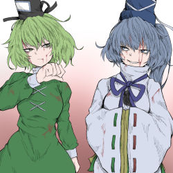 Rule 34 | 2girls, black headwear, blood, blood on clothes, blood on face, blue headwear, closed mouth, cross-laced clothes, dress, fe (tetsu), gradient background, green dress, green eyes, green hair, grey eyes, grey hair, grin, hat, japanese clothes, kariginu, long hair, looking at another, mononobe no futo, multiple girls, pom pom (clothes), ponytail, ribbon-trimmed sleeves, ribbon trim, short hair, smile, soga no tojiko, tate eboshi, touhou, turtleneck, wide sleeves