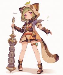 Rule 34 | 1girl, animal ears, black scarf, blunt bangs, blush, character name, closed mouth, club (weapon), fake tail, fingerless gloves, gauntlets, genshin impact, gloves, green hair, highres, holding, holding club, holding weapon, jacket, japanese clothes, kimono, leaf, leaf on head, looking at viewer, mina (sio0616), purple eyes, raccoon ears, raccoon hood, raccoon tail, sayu (genshin impact), scarf, short hair, short kimono, shuriken, solo, standing, tail, thigh strap, toeless footwear, weapon, white background
