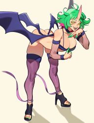 Rule 34 | 1girl, :d, absurdres, ass, bare shoulders, bent over, black footwear, breasts, choker, cleavage, copyright request, detached sleeves, fang, green hair, high heels, highres, horns, large breasts, medium hair, open mouth, pink hair, pink thighhighs, porqueloin, shiny skin, single horn, skin-covered horns, smile, solo, standing, thighhighs, white background, wings, yellow eyes