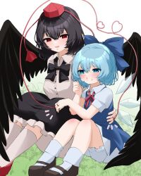 Rule 34 | 2boys, bird wings, black bow, black bowtie, black footwear, black hair, black skirt, black wings, blue dress, blue hair, bow, bowtie, cirno, collared shirt, commentary request, dress, hat, heart, heart of string, highres, knees up, looking at another, mikan (manmarumikan), multiple boys, multiple girls, red eyes, red footwear, red headwear, shameimaru aya, shirt, short hair, short sleeves, simple background, skirt, socks, tokin hat, touhou, white background, white shirt, white socks, wings
