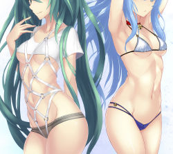 Rule 34 | 2girls, armpits, arms up, bare arms, bell, bikini, black panties, blue bikini, blue eyes, blue hair, breasts, collar, covered erect nipples, crop top, green hair, harness, highres, kyoumu (huangf91), long hair, multi-strapped bikini bottom, multiple girls, navel, neck bell, no bra, o-ring, original, out of frame, panties, short sleeves, small breasts, smile, stomach, swimsuit, thong, thong bikini, twintails, underboob, underwear, very long hair